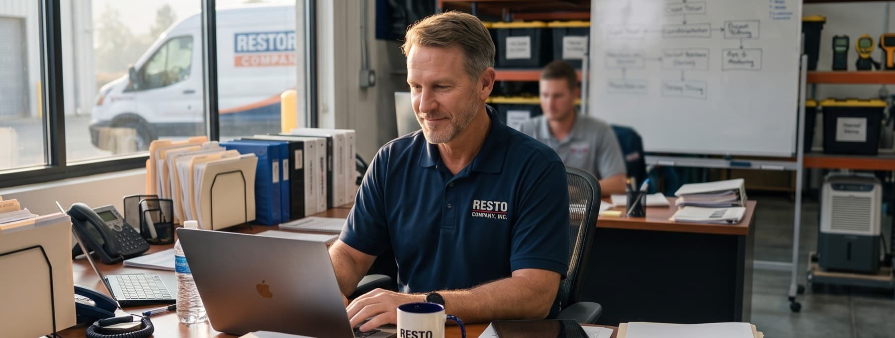 A restoration company owner working at his desk, a van visible through the window and drying equipment on the shelves behind him.